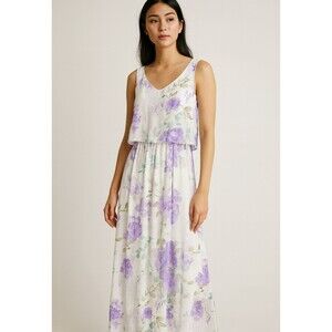 Purple Floral Dress M Blouson Maxi Sleeveless Lined Garden Party Resort Wear